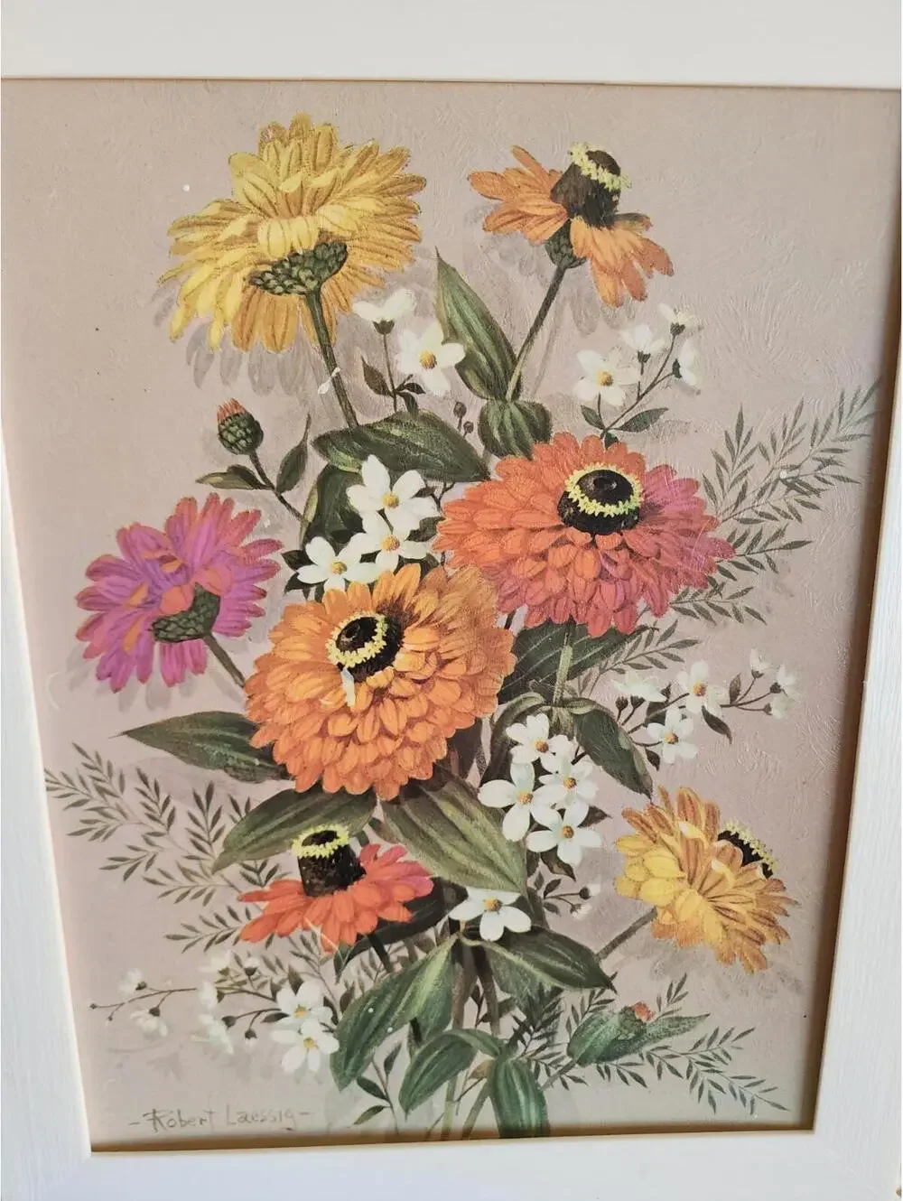 Vintage Framed Retro Floral Lithographs in Plastic Lattice Style Frames